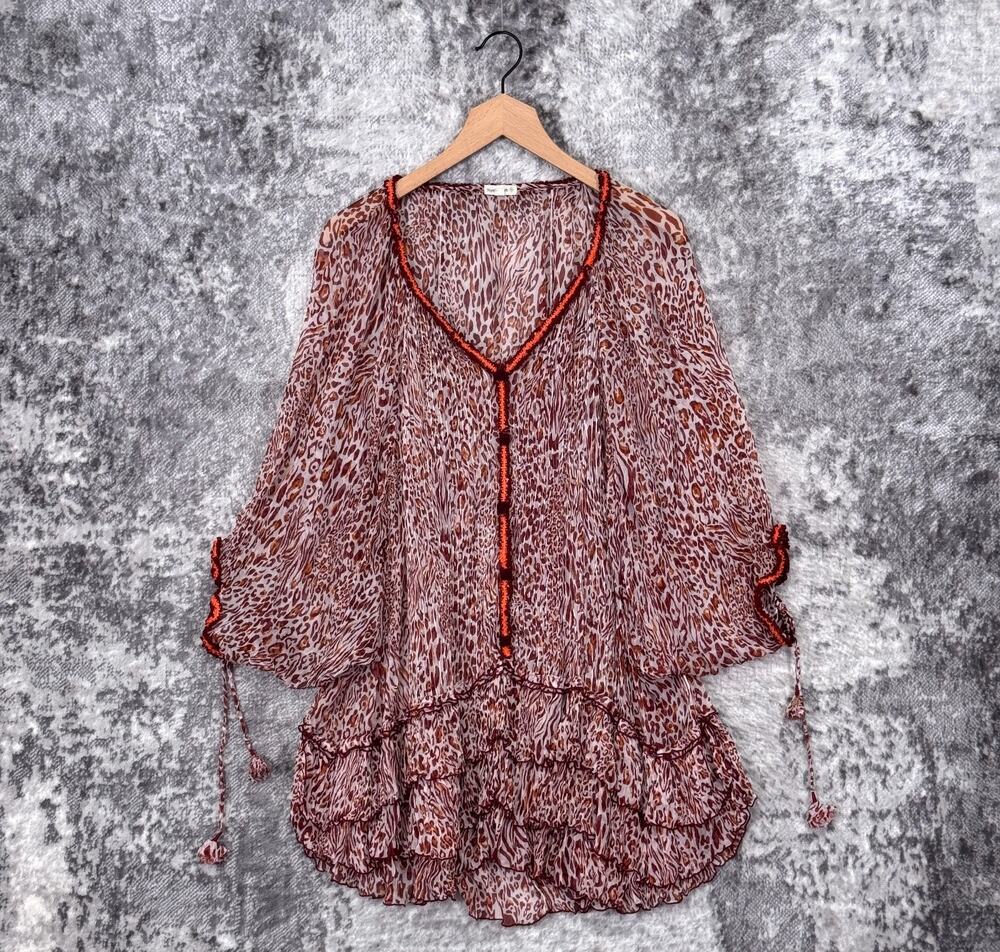 Poupette St Barth Poncho Nava Cover Dress OS One Size 100% Silk Sheer Leopard